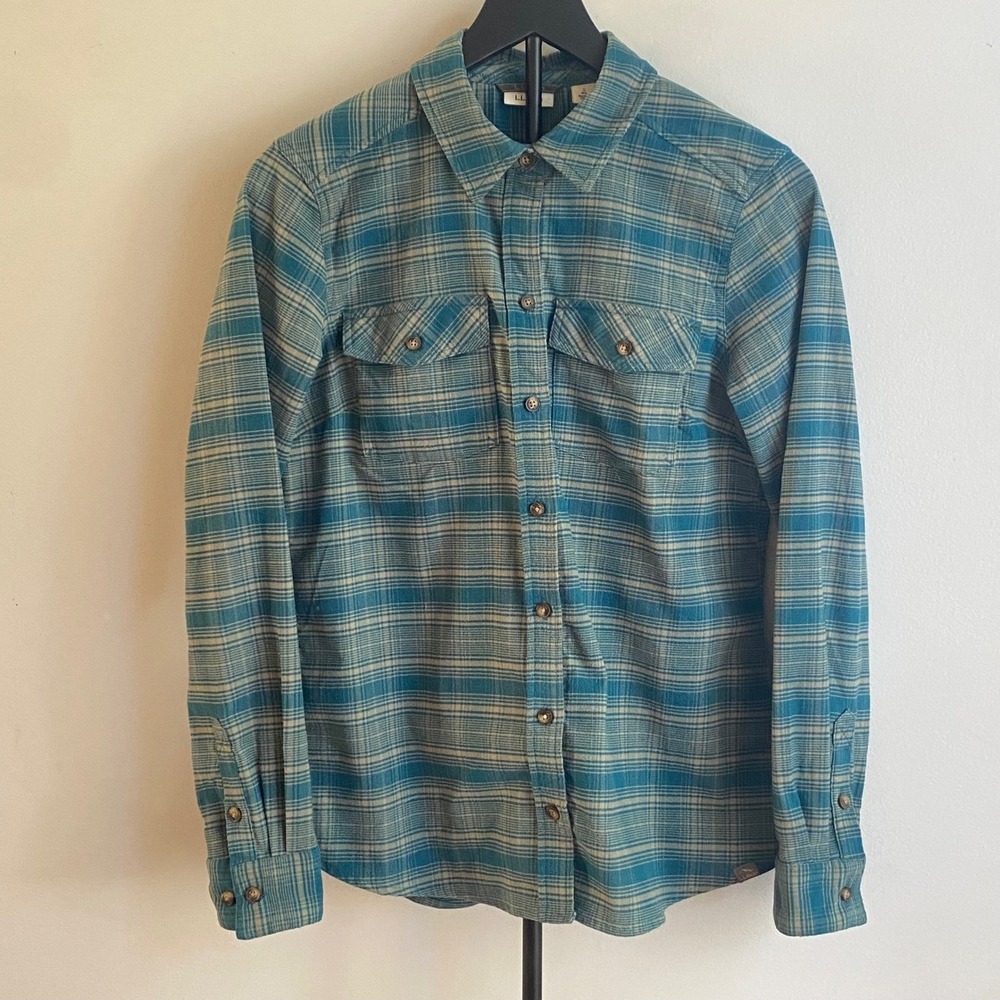 LL Bean Womens Plaid‎ Button Down Shirt Small Turquoise Beige Long Sleeve